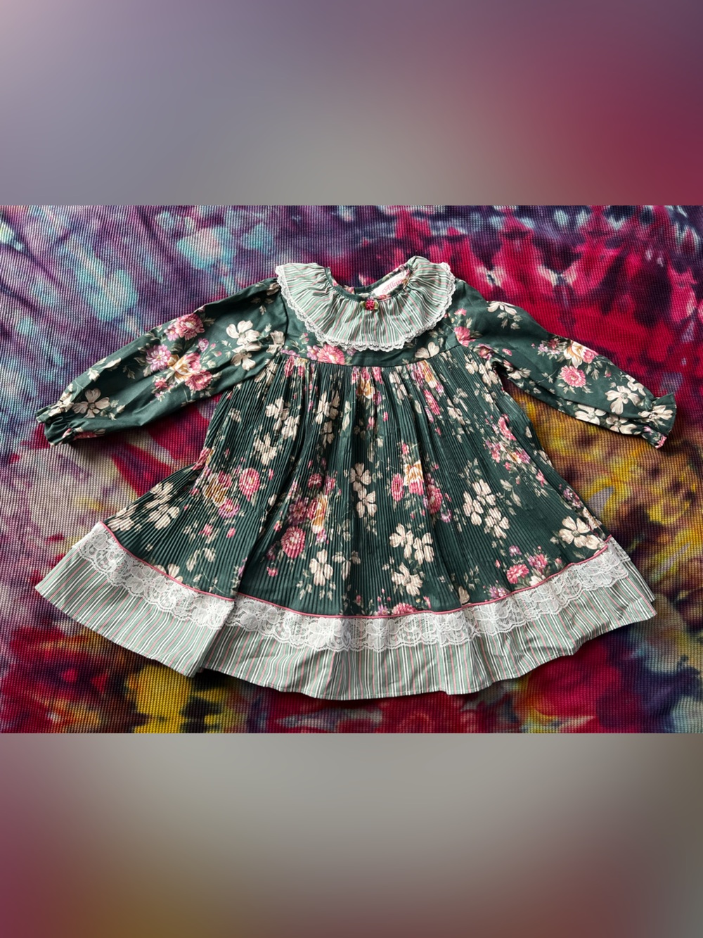🌸Rare🌸 NWT Vintage 90s Floral Longsleeve Striped Pleated Dress